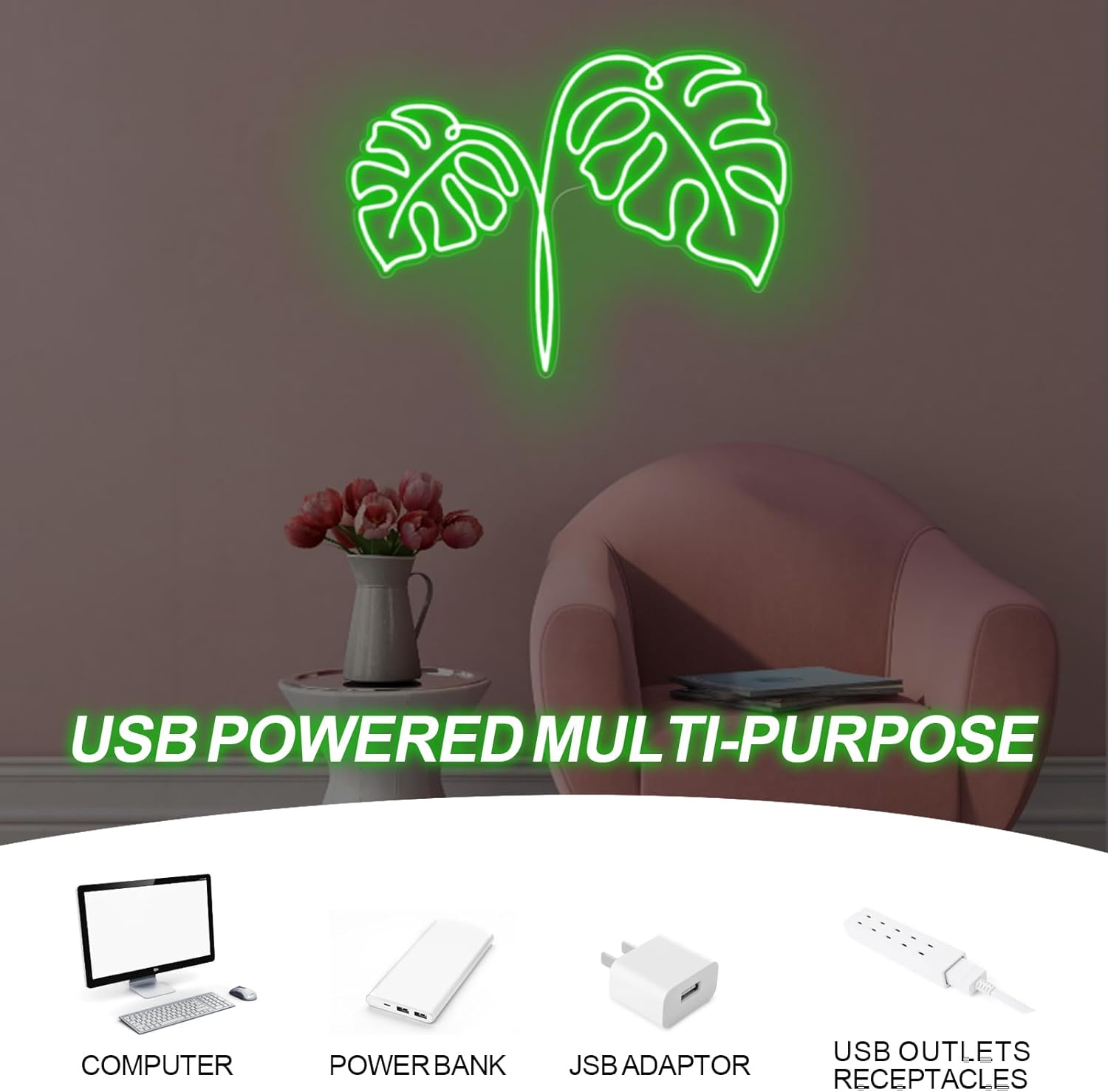 Monstera yaprağı Neon tabela U - Outdoor Power And Plant incelemesi ve fiyatı
